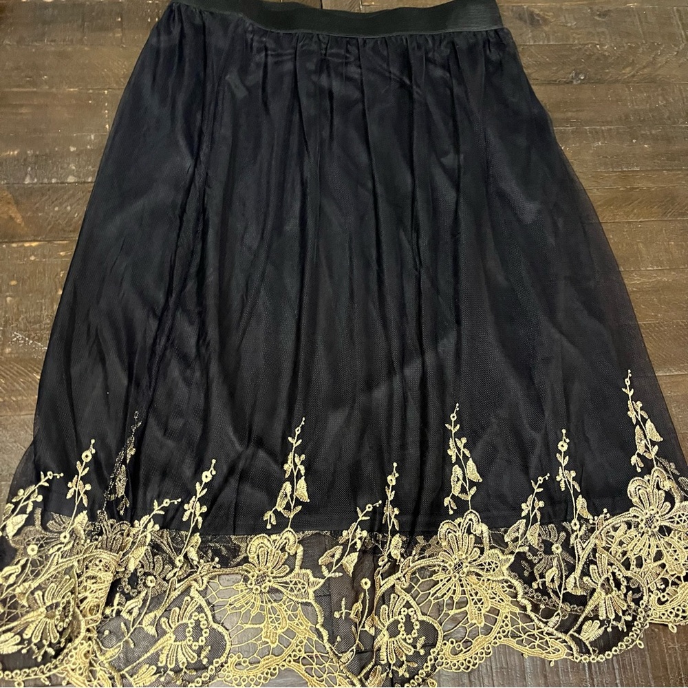 Elegant Black and Gold Lace Skirt whimsical fairy core large whimsygoth